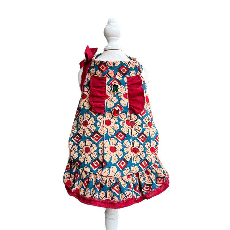 Vintage Floral Cotton Dog Dress with Red Ruffle Trim Bow & Jewel Accents Bohemian Princess Outfit for Small Dogs