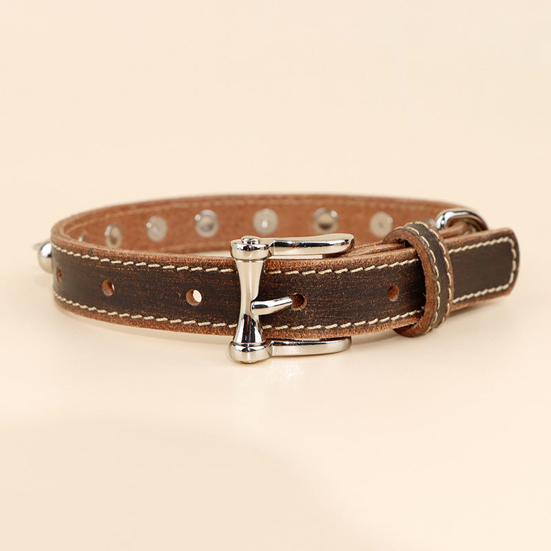 Genuine Leather Spiked Dog Collar Sharp Studded Anti-Bite Pet Collar Adjustable Heavy Duty Leather Collar for small medium dogs
