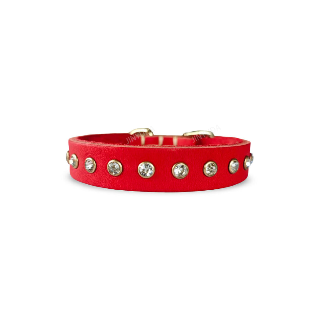 Genuine Leather Dog Collar with  Rhinestone Adjustable Soft Leather Pet Collar Durable no-pull Walking Collar for Small Dogs & Cats