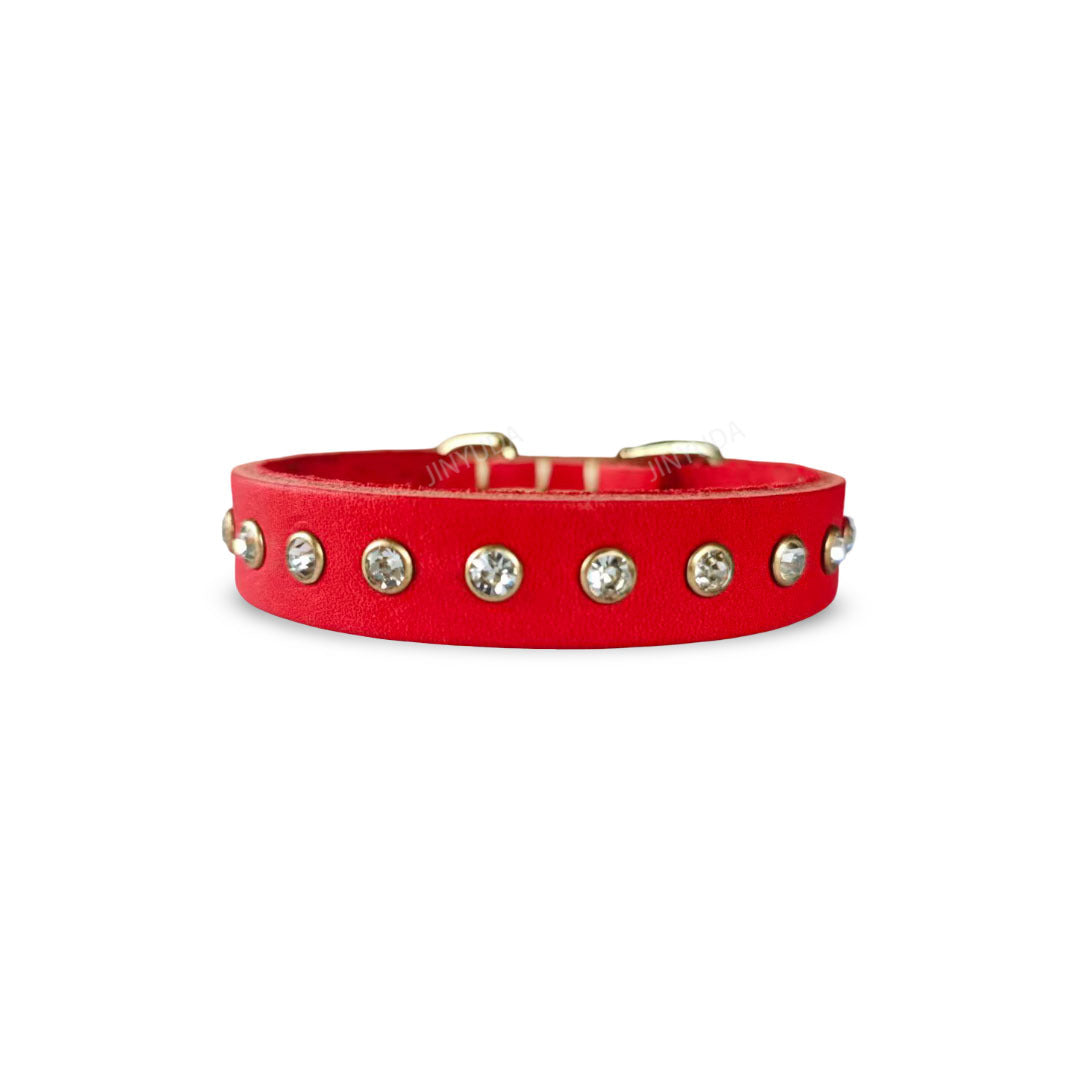 Genuine Leather Dog Collar with  Rhinestone Adjustable Soft Leather Pet Collar Durable no-pull Walking Collar for Small Dogs & Cats