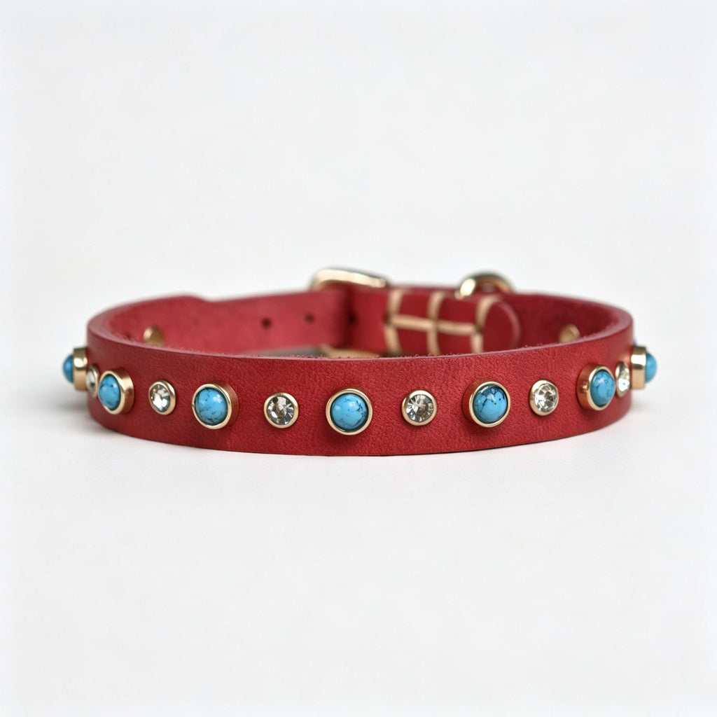 Genuine Leather Dog Collar Inlaid Turquoise & Rhinestones Handmade Soft full grain leather Collar for Small medium dogs