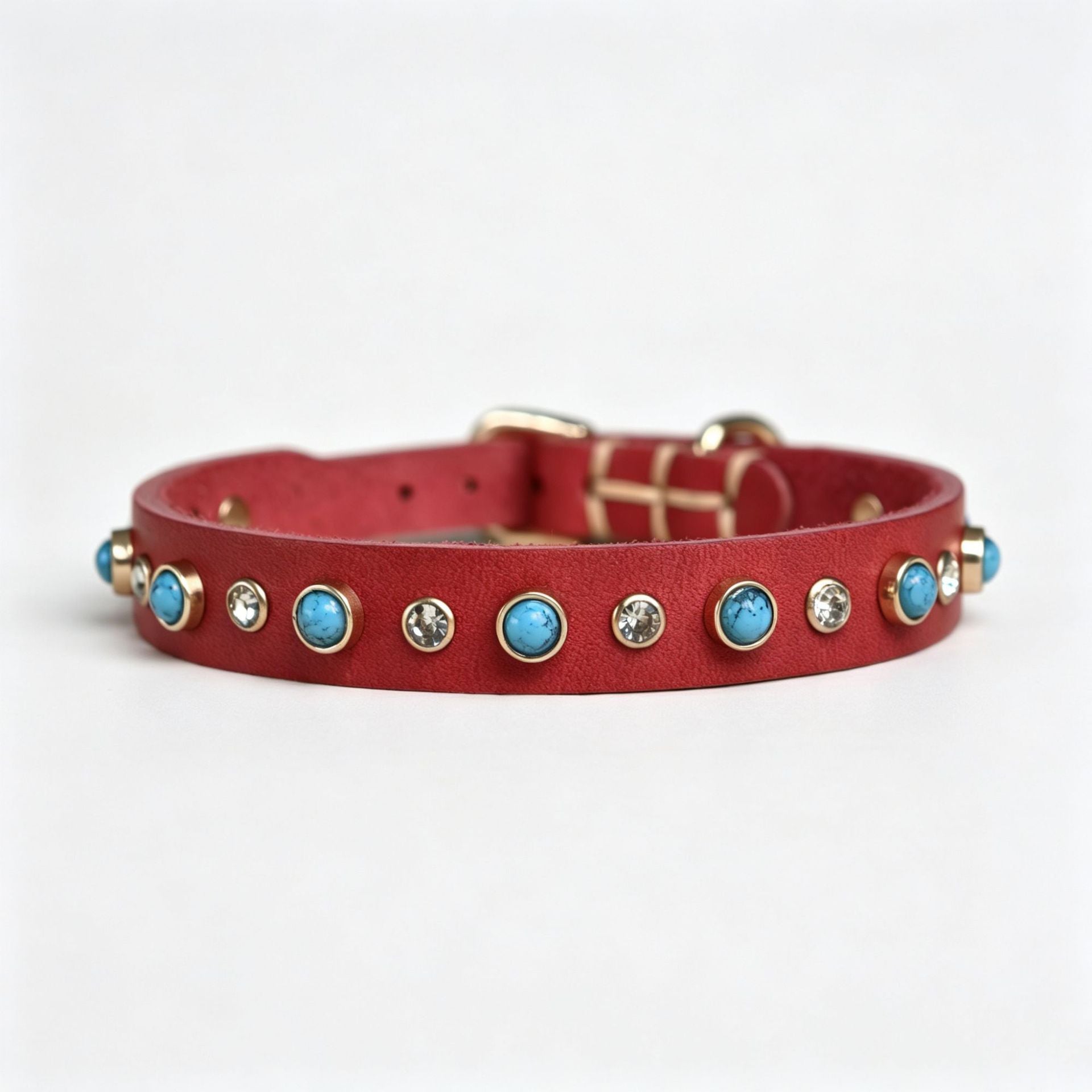 Genuine Leather Dog Collar Inlaid Turquoise & Rhinestones Handmade Soft full grain leather Collar for Small medium dogs