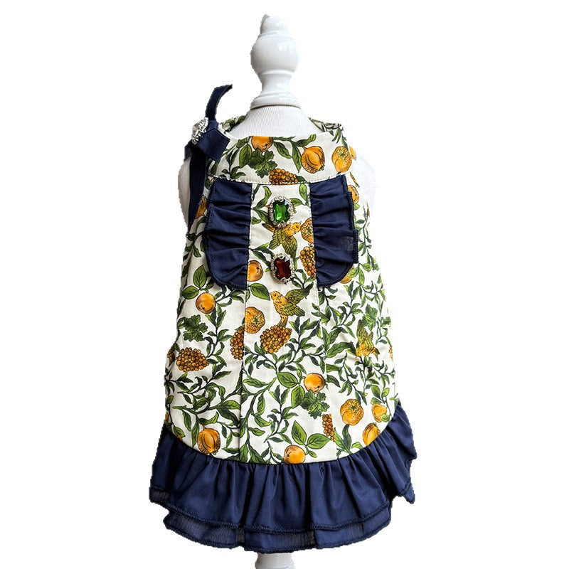 Cotton Dog Dress with Navy Ruffle Trim Bow & Jewel Accents Elegant Birthday Party Outfit for Small Breeds
