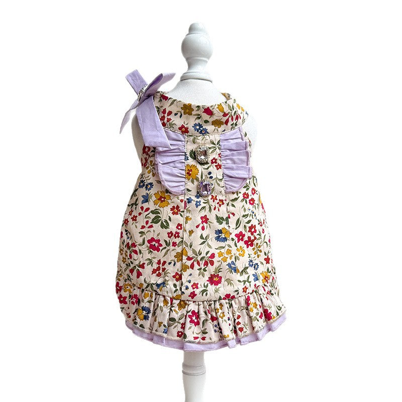 Halter Vintage Floral Cotton Puppy Dress with Lilac Gem Bow for Small Girl Dogs