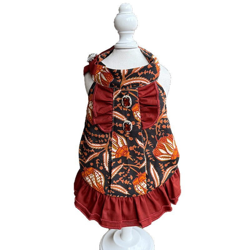 Bohemian Floral Cotton Dog Princess Dress with Red Ruffle Hem Bow & Jewel Accents  Elegant Outfit for Small Breeds Ideal for Birthdays & Weddings