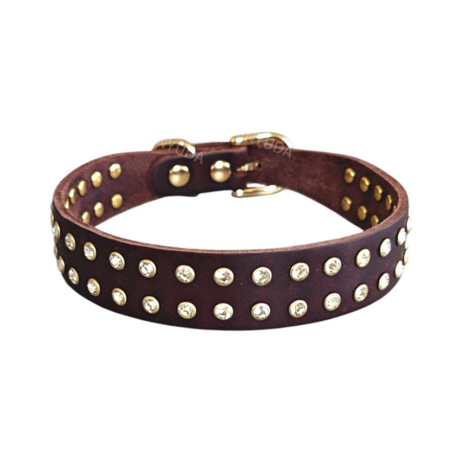 genuine Leather Rhinestone Dog Collar Double Row Crystal Studded Adjustable Bling Pet Collar for Small Medium Large Dogs