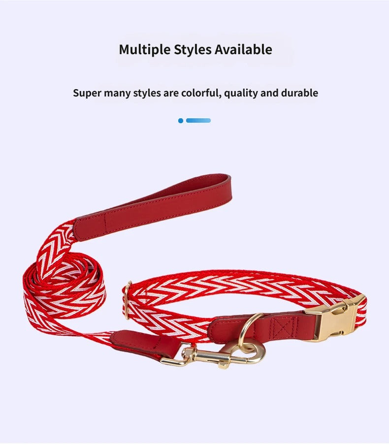 striped Webbing Dog Collar and Leash Set PU Leather Trim Adjustable Pet Collar Jacquard Woven Boho Dog Collar