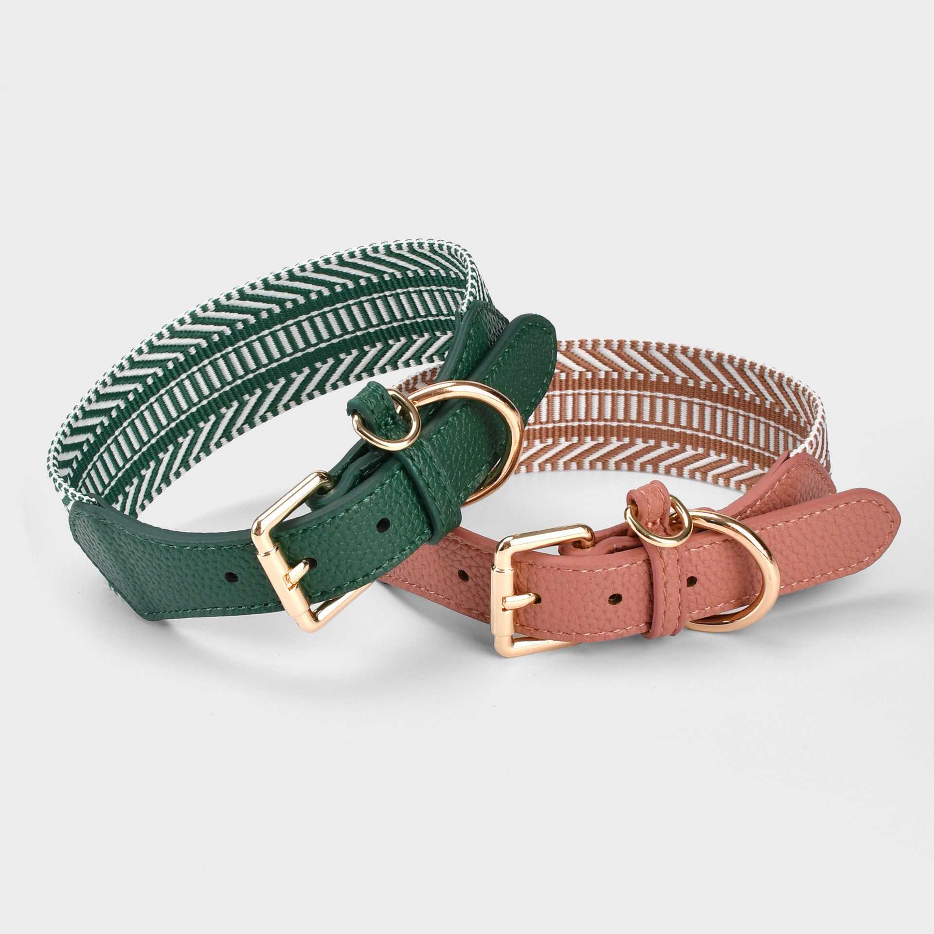 Wide striped Webbing Dog Collar and Leash Set Genuine Leather Trim Adjustable Pet Collar Jacquard Woven Boho Dog Collar