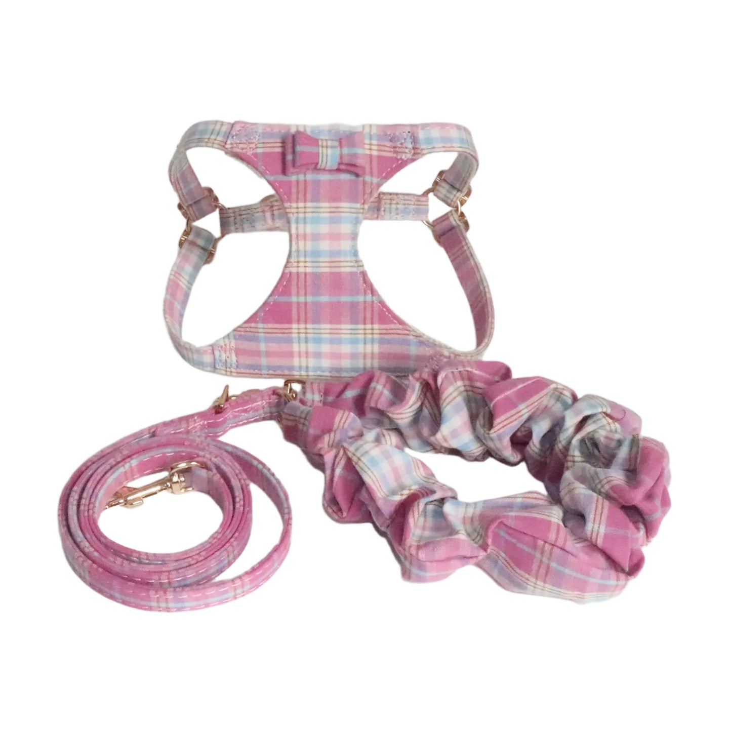 plaid pet harness and leash set with bow detail