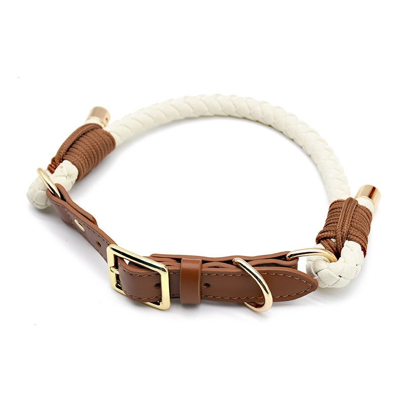 Hand Braided Rope Dog collar and Leash PU leather adjustable pet collar Multi-Functional Heavy Duty Walking Training Dog Leash