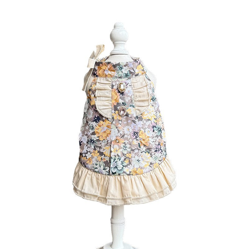 Cotton Vintage Floral Ruffle Dog Dress with Bow & Rhinestone Princess Party Wedding Outfit for Maltese Yorkie Shih Tzu Bichon