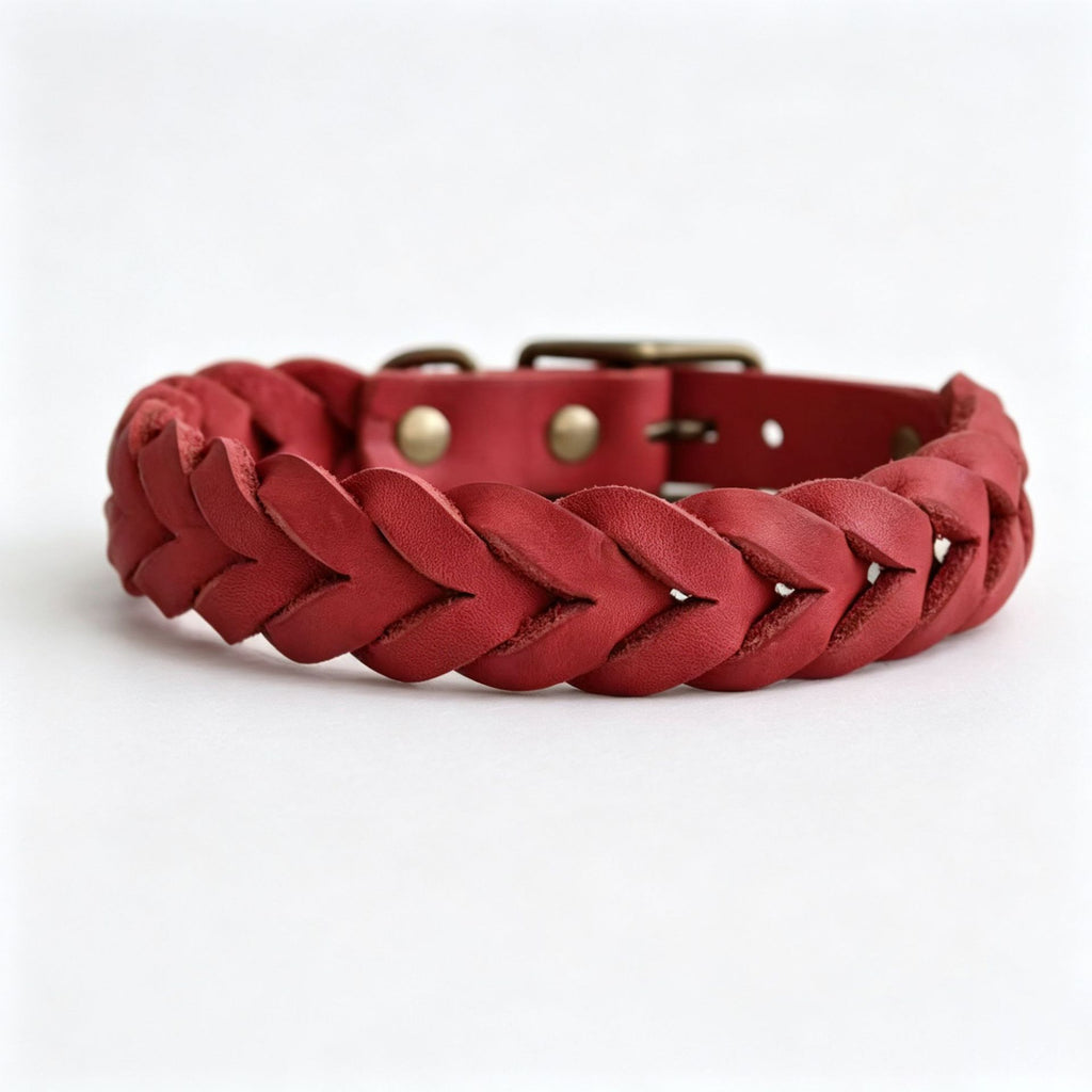 Hand Braided Genuine Leather Dog Collar with Solid Brass Hardware Heavy Duty Anti-Pull Adjustable Real Leather Collar for Small Medium Dogs