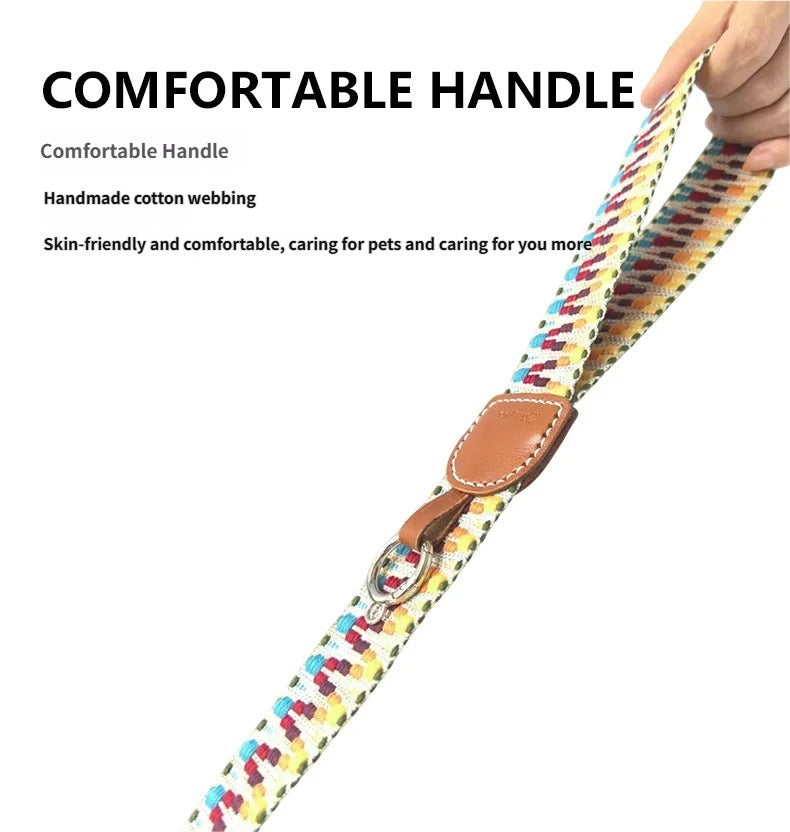 Bohemian Hand Woven Dog Collar 3.8CM Wide Genuine Leather dog collar Soft Cotton Webbing Heavy Duty Pet Walking Leash For Small Medium Large Dogs