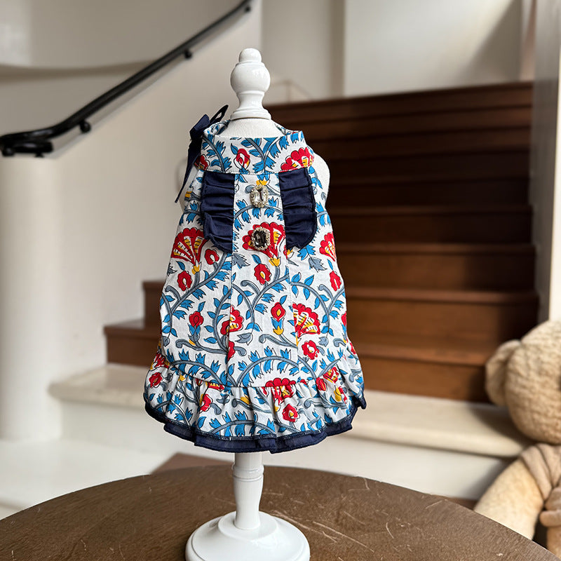 Bohemian Floral Cotton Dog Dress with Navy Ruffle Bow & Sparkling Rhinestone Accents Lightweight Princess Outfit for Small Breeds