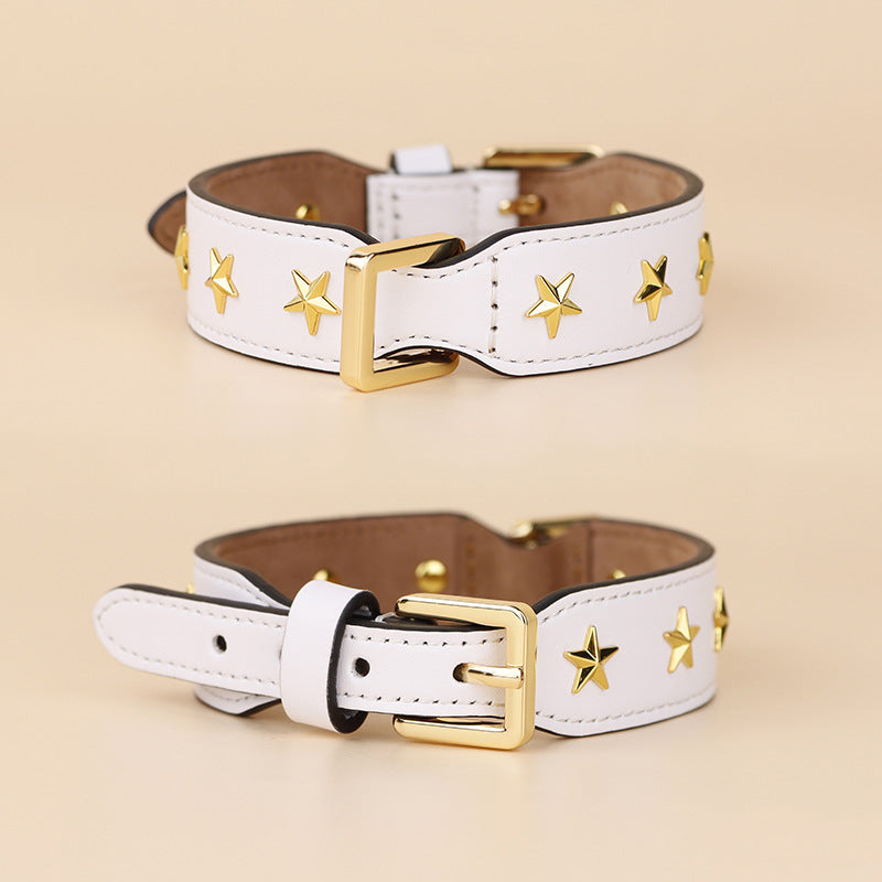 genuine Leather Pet Collar with Gold Metal Star Rivets Adjustable Soft Star Studded Leather Dog Collar wide Dog walking collar