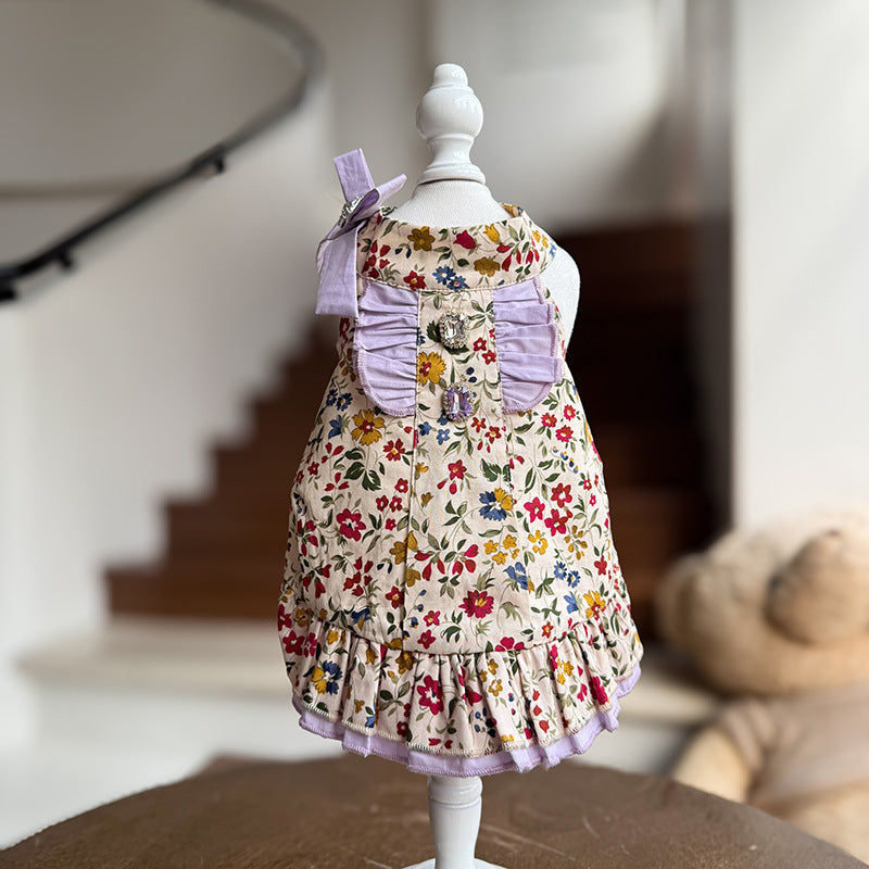Halter Vintage Floral Cotton Puppy Dress with Lilac Gem Bow for Small Girl Dogs