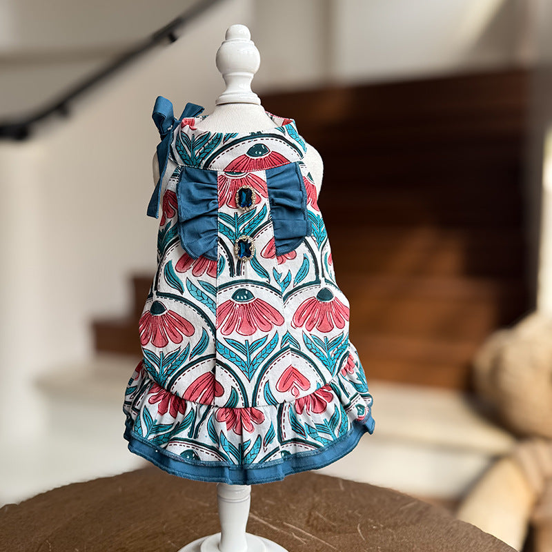 Bohemian Floral Cotton Dog Dress with Teal Ruffle Bow & Sparkling Rhinestone Accents  Lightweight Princess Outfit for Small Breeds