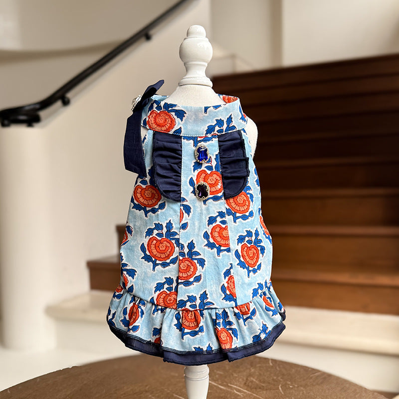Floral Cotton Dog Dress Ruffle Rhinestone Bow Puppy Clothes Cute Summer Party Outfit for Small Medium Girl Dogs Teacup Chihuahua Yorkie