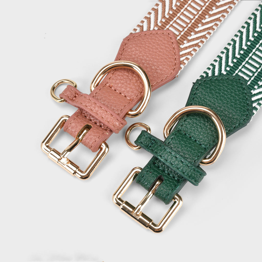 Wide striped Webbing Dog Collar and Leash Set Genuine Leather Trim Adjustable Pet Collar Jacquard Woven Boho Dog Collar
