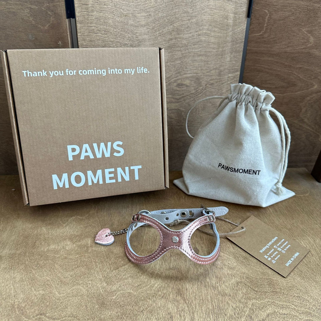 Genuine Leather Lightweight Pet Harness Cute Glasses Shaped Puppy Vest Harness with Heart Tag Adjustable Small Dog Cat Walking Harness