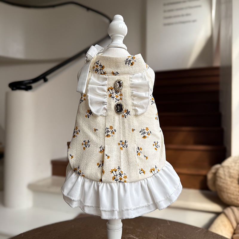 Cotton Floral Ruffle Dog Dress with Bow & Rhinestone Princess Outfit for Dog Birthday Party Wedding for Small Breeds Maltese Yorkie