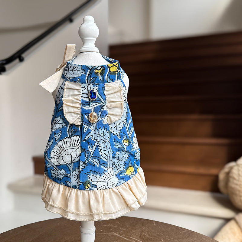 Cotton Dog Princess Dress with Ruffle Hem Bow & Jewel Accents  Elegant Outfit for Small Breeds Perfect for Birthdays & Weddings