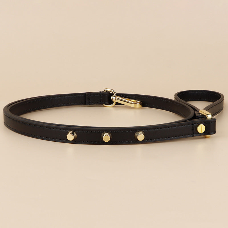 Genuine Leather Dog Leash Thin Stylish Pet Walking Leash with Gold Round Studs Adjustable Soft Leather Puppy Lead