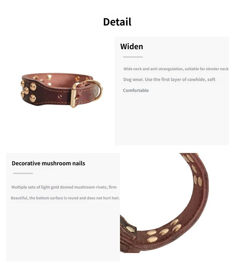 Luxury Full Grain Genuine Leather Dog Collar with Dome Mushroom Rivets Adjustable wide Leather Collar for Sight hound Greyhound