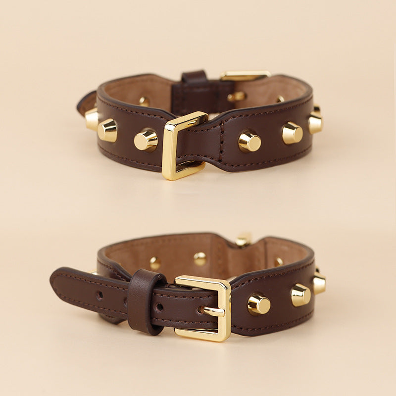 Genuine Leather Dog Collar with Gold Rivet Studs Adjustable Heavy Duty Collar for Small Medium Dogs pet walking training collar