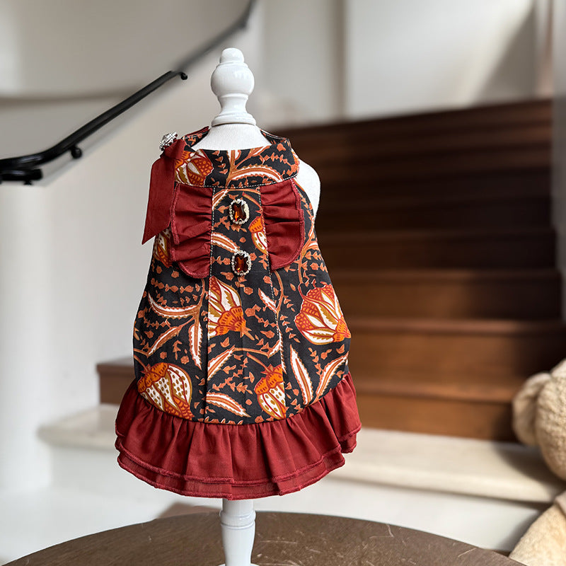 Bohemian Floral Cotton Dog Princess Dress with Red Ruffle Hem Bow & Jewel Accents  Elegant Outfit for Small Breeds Ideal for Birthdays & Weddings