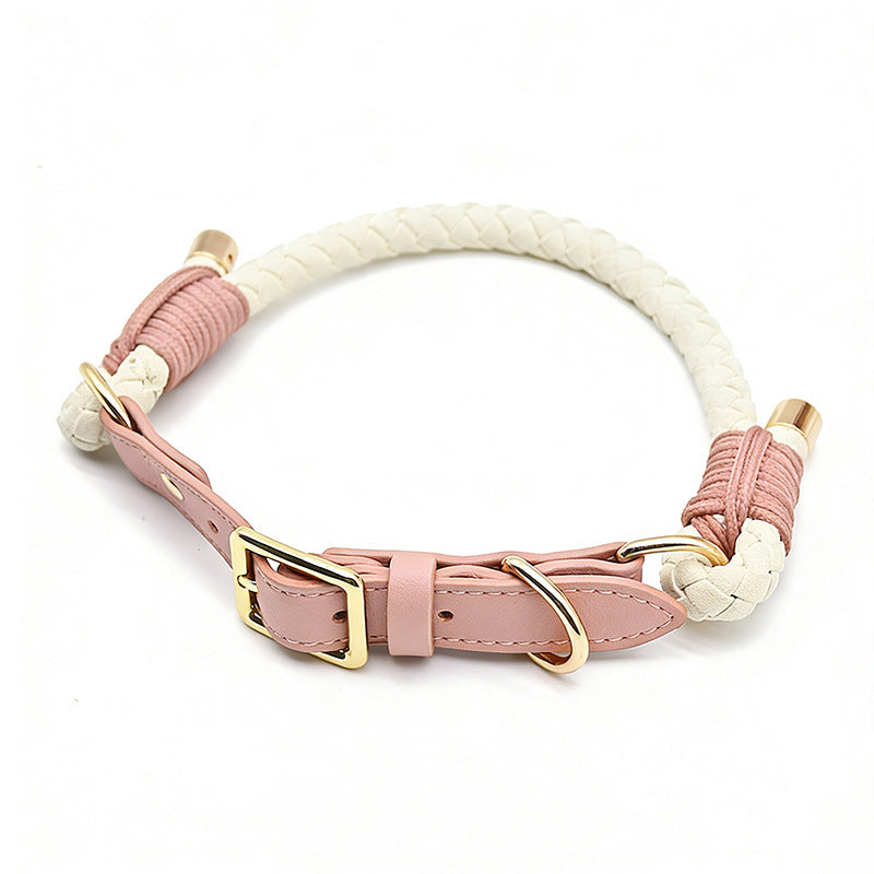 Hand Braided Rope Dog collar and Leash PU leather adjustable pet collar Multi-Functional Heavy Duty Walking Training Dog Leash