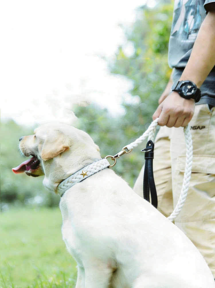 Braided Cotton Rope Dog Leash with Genuine Leather Handle Heavy Duty Anti-Pull Walking Lead Soft Comfortable Pet Training Leash