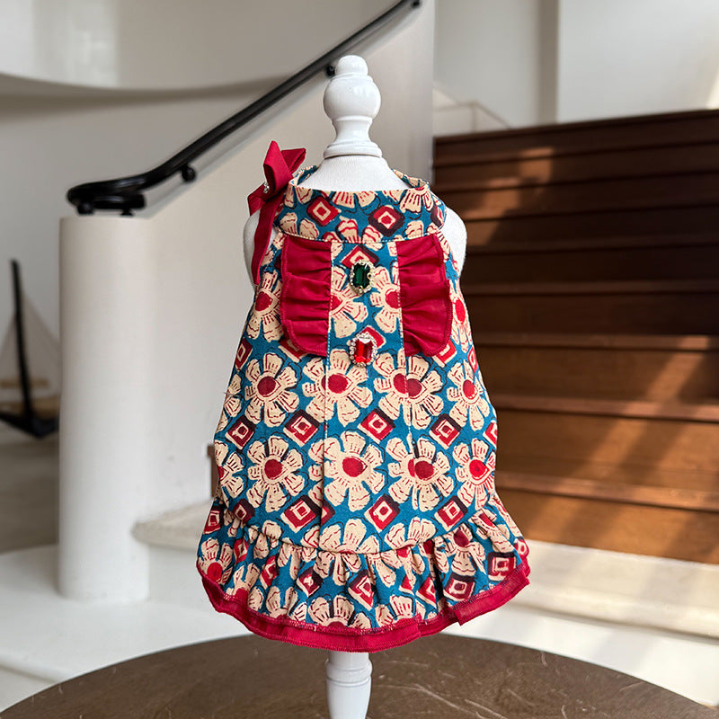 Vintage Floral Cotton Dog Dress with Red Ruffle Trim Bow & Jewel Accents Bohemian Princess Outfit for Small Dogs