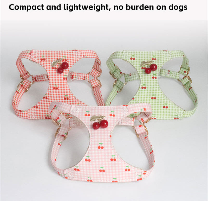 Cotton Dog Harness and Leash Set Plaid Cherry Pattern Lightweight pet vest harness Soft walking harness for small medium dogs