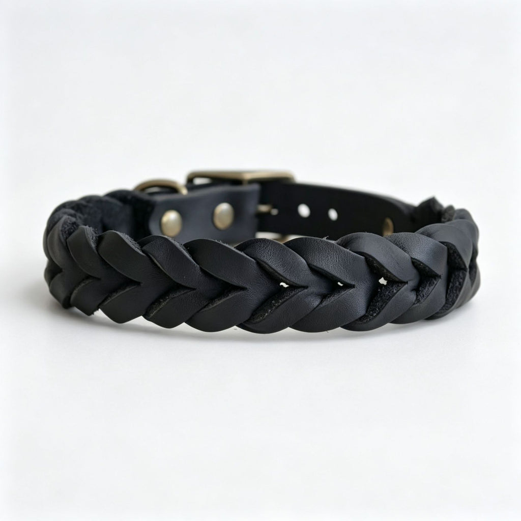 Hand Braided Genuine Leather Dog Collar with Solid Brass Hardware Heavy Duty Anti-Pull Adjustable Real Leather Collar for Small Medium Dogs
