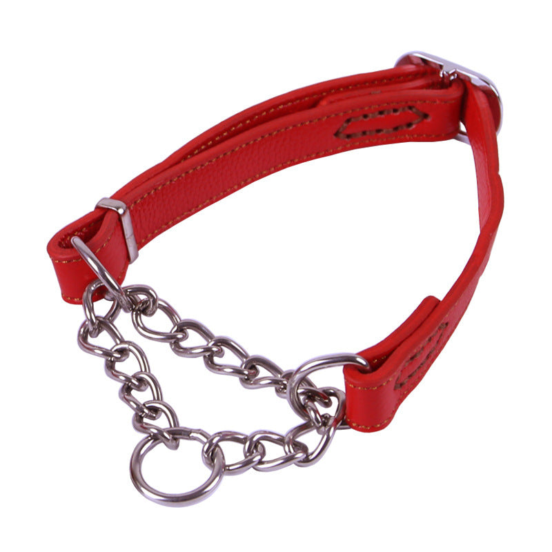 Genuine Leather Martingale Dog Collar Stainless Steel dog Half Check Training P Chain Collar Adjustable Heavy Duty Pet walking collar