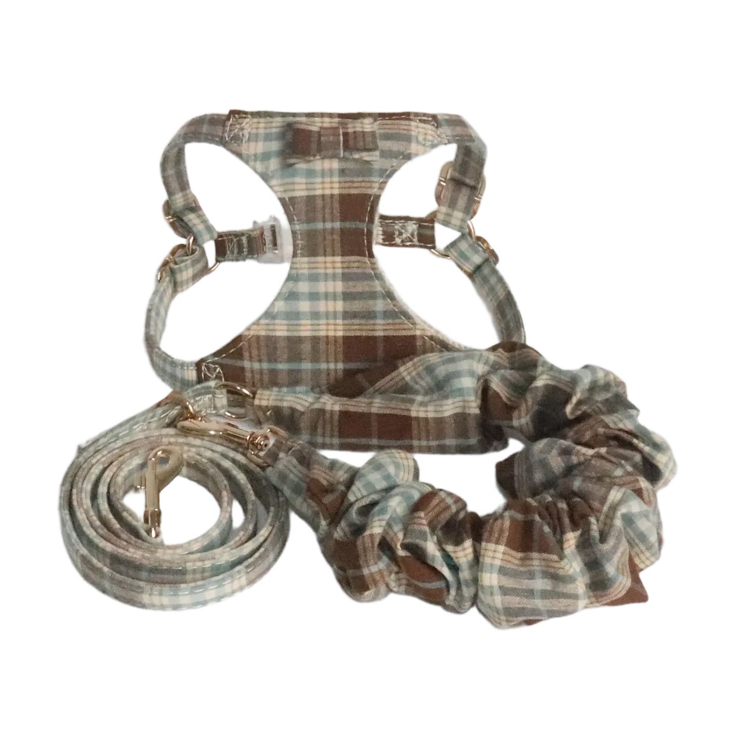 plaid pet harness and leash set with bow detail