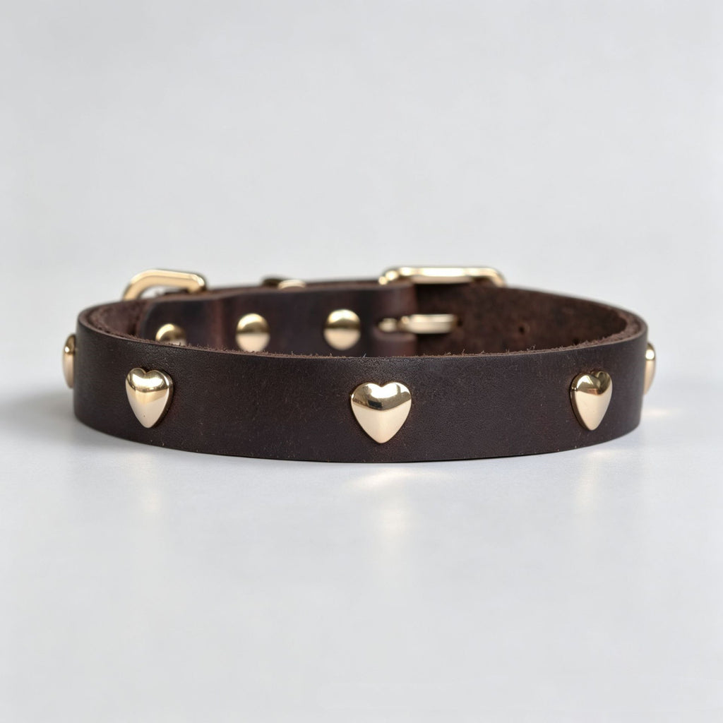 Genuine Full-Grain Leather Dog Collar Gold Heart Rivets Decor adjustable Pet Collar heavy duty no pull dog walking collar