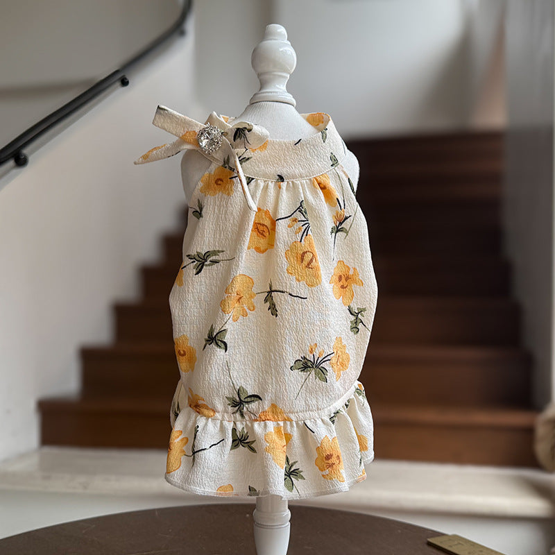 Cotton Yellow Floral Sling Dog Dress with Bow & Rhinestone ruffle Princess Outfit for Maltese Yorkie Shih Tzu Bichon  Birthday Wedding Party Pet Costume