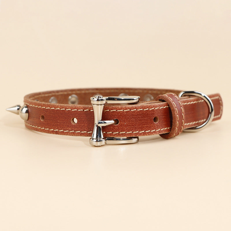 Genuine Leather Spiked Dog Collar Sharp Studded Anti-Bite Pet Collar Adjustable Heavy Duty Leather Collar for small medium dogs
