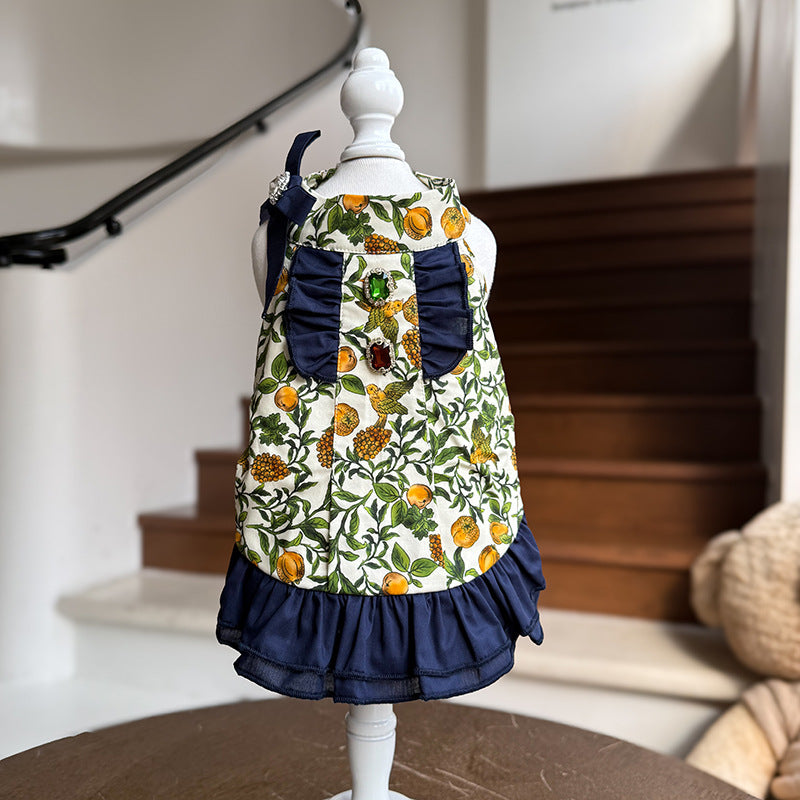 Cotton Dog Dress with Navy Ruffle Trim Bow & Jewel Accents Elegant Birthday Party Outfit for Small Breeds