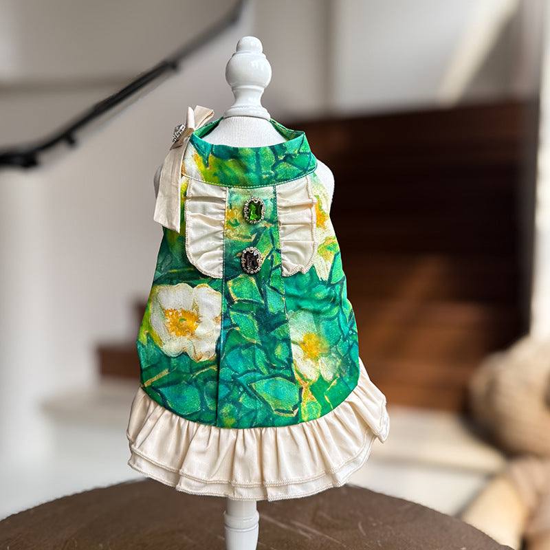 Cotton Green Floral Dog Ruffle Dress with Bow & Emerald Rhinestone Princess Outfit for Maltese Yorkie Shih Tzu Bichon Birthday Wedding Party Wear