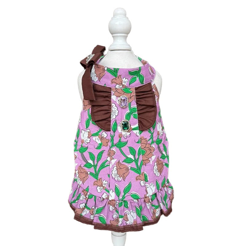 Halter Floral Cotton Puppy Party Dress with Gem Bow for Small Girl Dogs