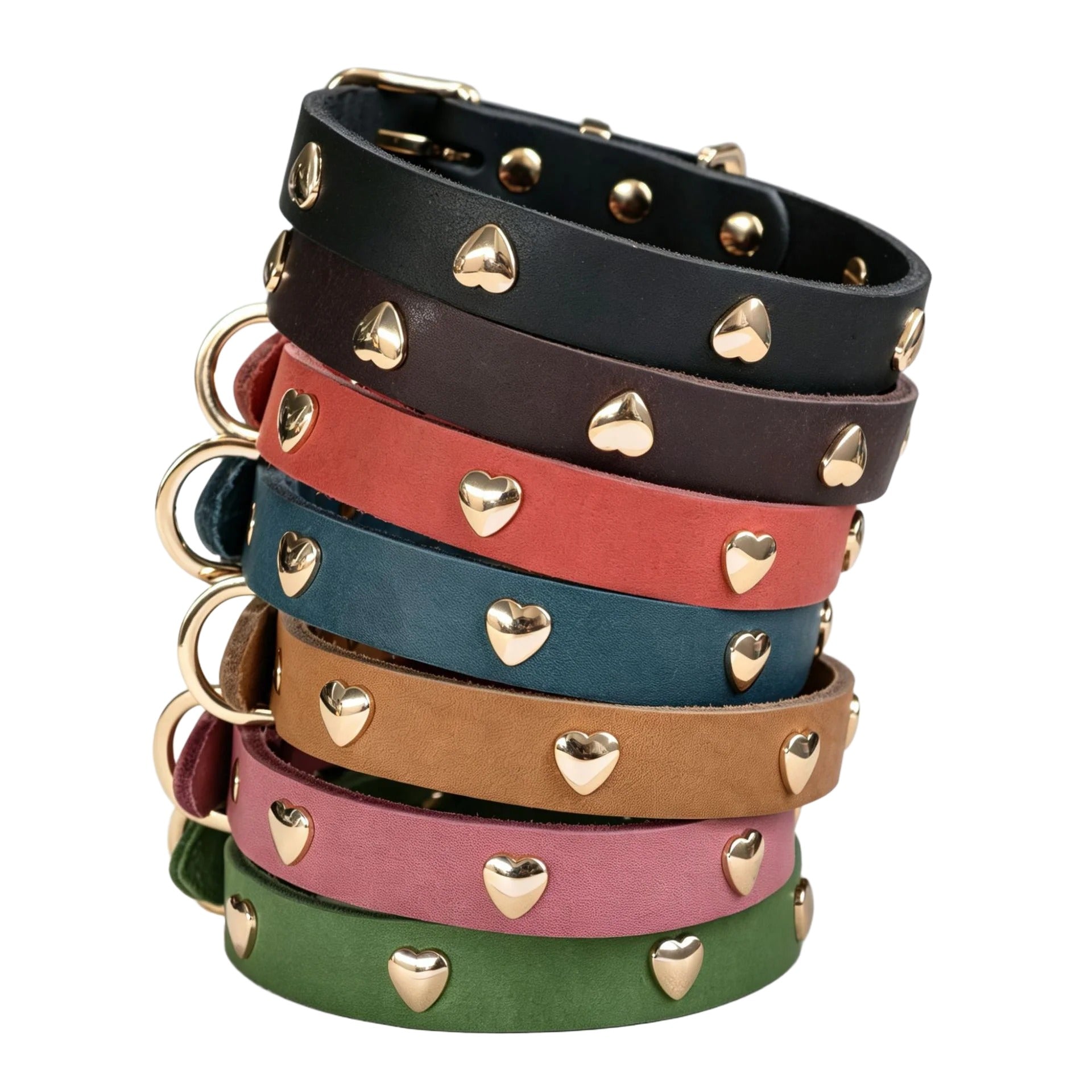 Genuine Full-Grain Leather Dog Collar Gold Heart Rivets Decor adjustable Pet Collar heavy duty no pull dog walking collar