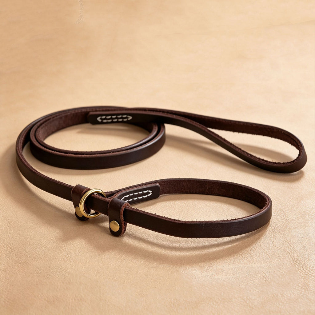 Genuine Leather Slip Lead Dog Training P Leash Anti Pull Close Control Walking Dog Lead Durable Real Leather Slip Collar Combined Dog Leash for Small Medium Large Dogs
