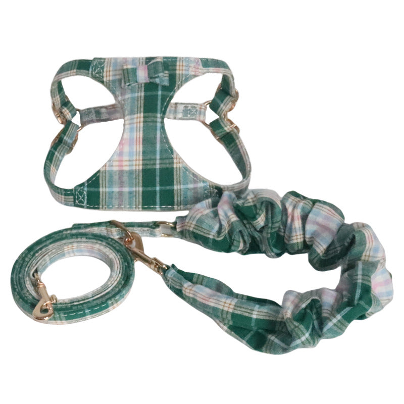 plaid pet harness and leash set with bow detail
