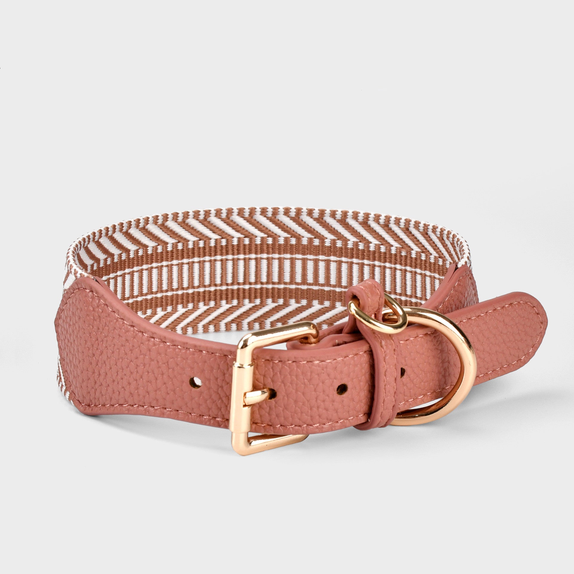 Wide striped Webbing Dog Collar and Leash Set Genuine Leather Trim Adjustable Pet Collar Jacquard Woven Boho Dog Collar