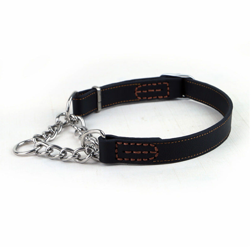 Genuine Leather Martingale Dog Collar Stainless Steel dog Half Check Training P Chain Collar Adjustable Heavy Duty Pet walking collar