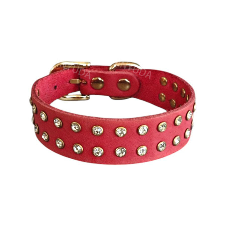 genuine Leather Rhinestone Dog Collar Double Row Crystal Studded Adjustable Bling Pet Collar for Small Medium Large Dogs