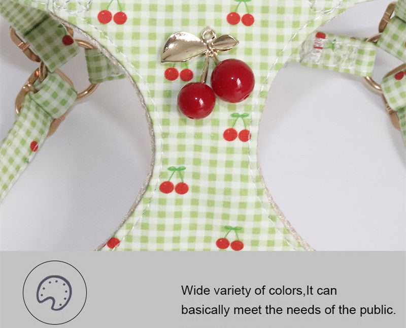 Cotton Dog Harness and Leash Set Plaid Cherry Pattern Lightweight pet vest harness Soft walking harness for small medium dogs